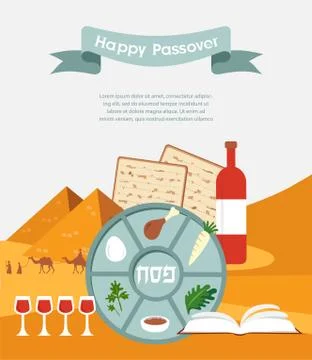Passover seder plate with flat trasitional icons over a desert background Stock Illustration