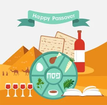 Passover seder plate with flat trasitional icons over a desert background Stock Illustration