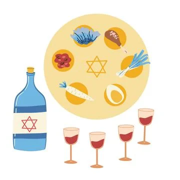 Passover seder plate, wine set. Vector illustration of fruit sause, egg, salad Stock Illustration