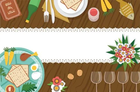 Passover Seder table with Seder plate and other elemnts-Vector Stock Illustration