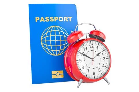 Passport with alarm clock. Passport processing times, concept, 3D rendering Illustrazione stock