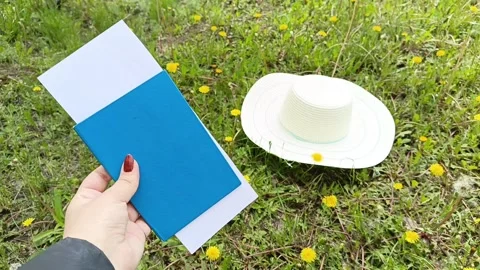 Passport and tickets in hand, a hat and sunglasses on the green grass Video stock 334795034
