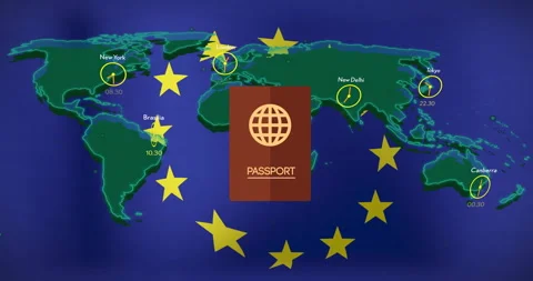 Passport animation over world map with clocks showing different time zones Stock Footage 304759948