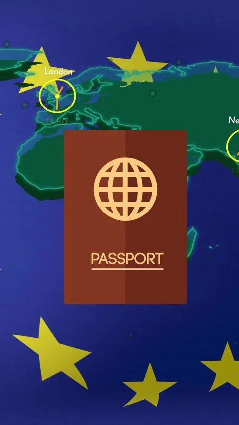 Passport animation over world map with clocks showing different time zones Stock Footage 323781030