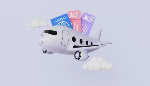 Passport with boarding pass inside and airplane flying, holidays, booking Illustrazione stock