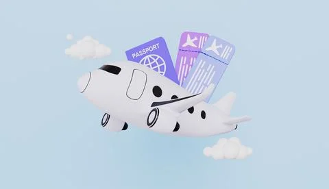 Passport with boarding pass inside and airplane flying, travelling, holiday Illustrazione stock