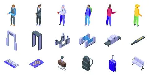 Passport border control icon set. Airport security check with passengers sh.. Stock Illustration