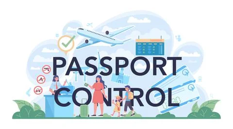 Passport control typographic header. Customs officer at the airport. Stock Illustration