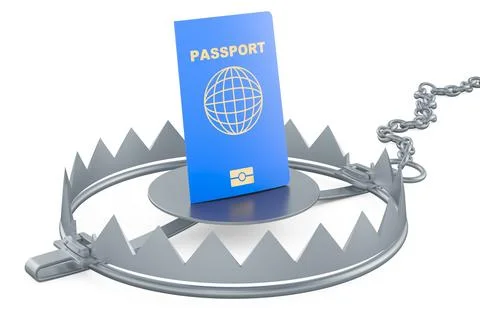 Passport inside bear trap, 3D rendering Stock Illustration