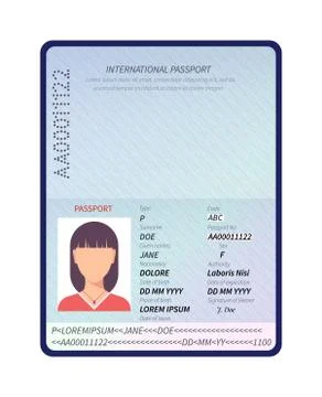 Passport. Sample data personal page, female international passport with photo Stock Illustration