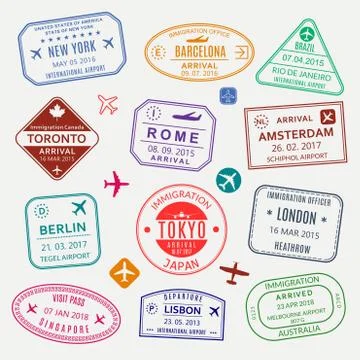 Passport stamp set. Different countries airport visa stamp. Custom control. Stock Illustration