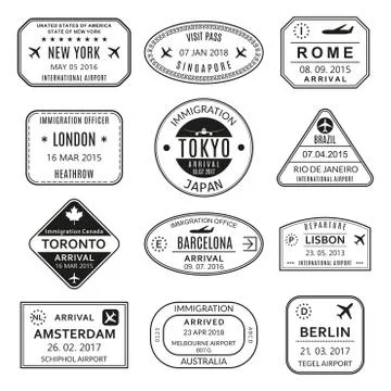 Passport stamp set. Different countries airport visa stamp. Custom control. Stock Illustration