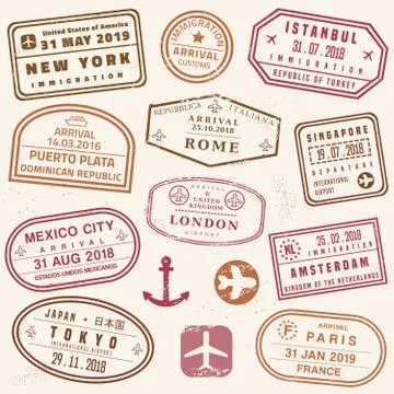 Passport stamp set - novelty vector passport stamps collection. 스톡 일러스트