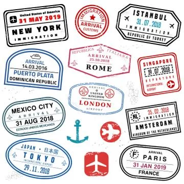Passport stamp set - novelty vector passport stamps collection. Illustrazione stock