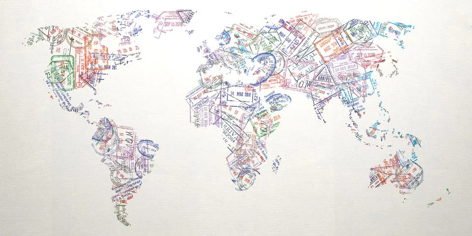 Passport stamps of different visa country in form of world map. Travel, touri Stockillustratie