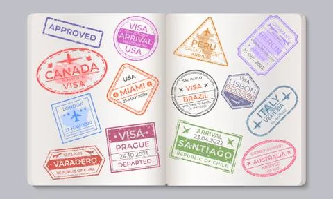 Passport stamps. Travel and immigration marks collection, arrival and departure Stock Illustration
