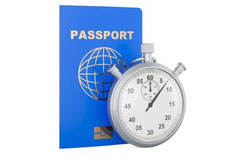 Passport with stopwatch. Passport processing times, concept, 3D rendering Stock Illustration