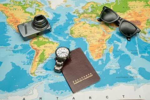 Passport, world map, glasses, camera. Travel concept Stock Photos
