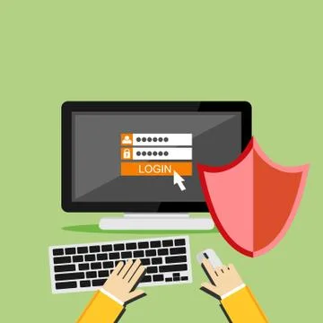 Password and username. Personal computer protection. Computer with shield. An Illustrazione stock
