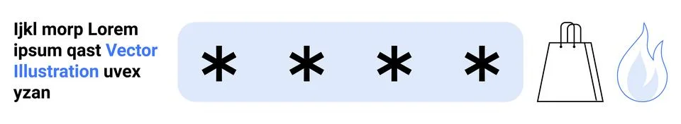 Password asterisks inside a blue input box, accompanied by shopping bag and w Stock Illustration