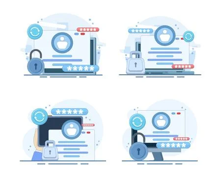 Password change security set featuring laptop account protection Stock Illustration