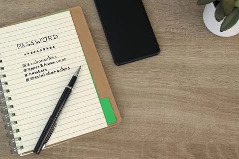 Password Checklist Notebook with Security Requirements and Smartphone Stock Photos