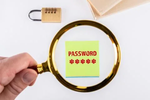 PASSWORD. Data security, identity and social media concept. Man's hand, holding Stock Photos