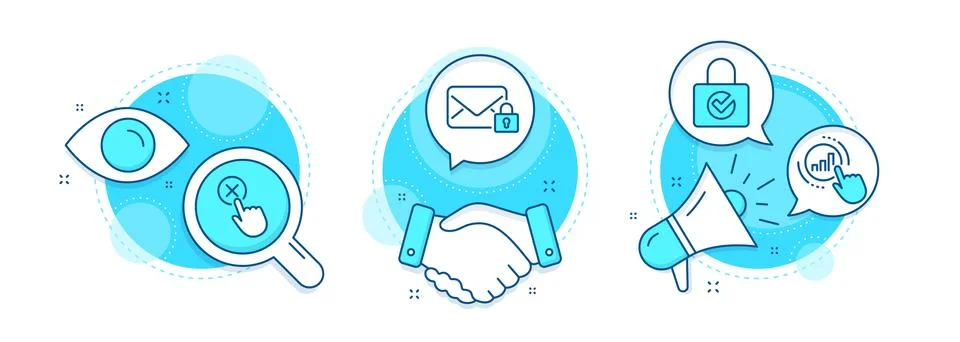 Password encryption, Reject click and Secure mail icons set. Graph chart sign Illustrazione stock