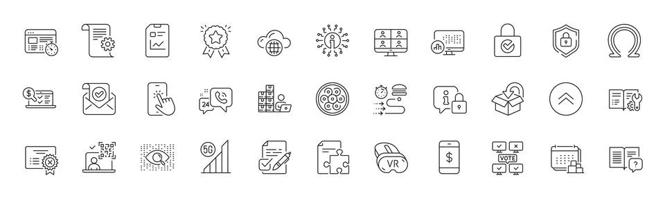 Password encryption, Technical documentation and Confirmed mail line icons. For Stock Illustration