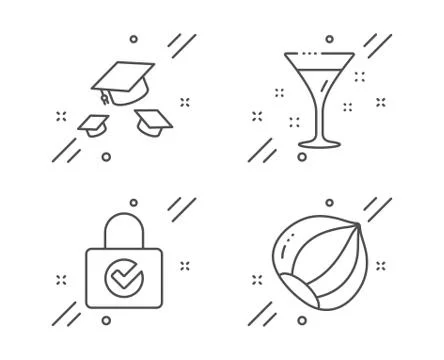 Password encryption, Throw hats and Cocktail icons set. Hazelnut sign. Vector Illustrazione stock