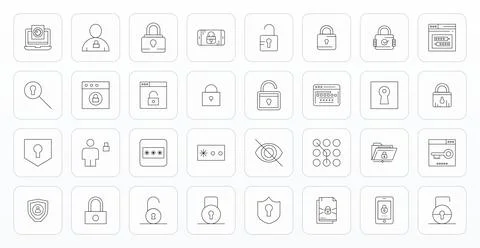 Password Exclusive Vector Set featuring 32 Thin Line PIXEL Perfect 128x128 .. Stock Illustration