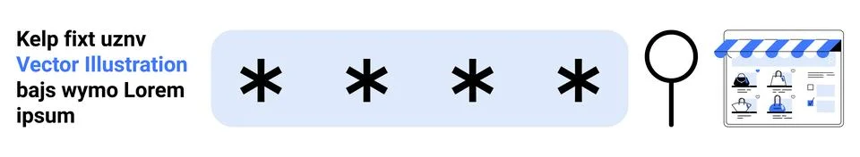 Password field with five asterisks, magnifying glass, media clapper board sho Stock Illustration
