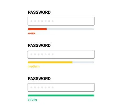 Password form template strong weak box. Password computer account screen code Stock Illustration
