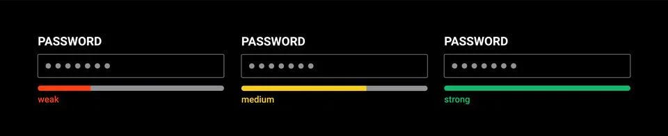 Password form template strong weak box. Password computer account screen code Stock Illustration