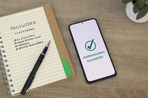 Password Guidelines Notebook with Phone Confirming Authentication Successful Stock Photos