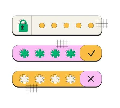 Password input and security neubrutalism UI overlay element set Illustrazione stock