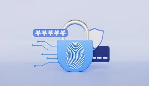 Password interface to log in, Padlock with fingerprint, Shield, Credit card Stock Illustration