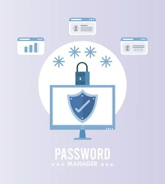 Password manager theme with check symbol in shield and padlock in desktop Stockillustratie