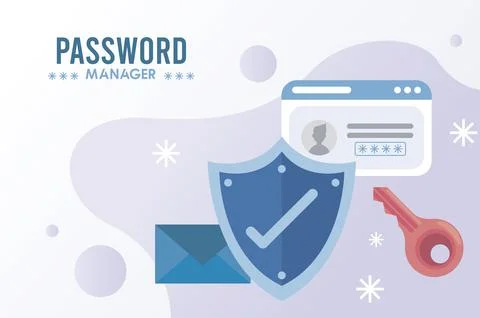 Password manager theme with check symbol in shield and icons Illustrazione stock