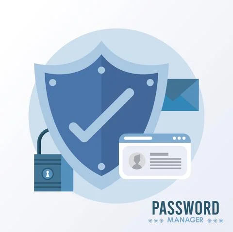 Password manager theme with check symbol in shield and secure icons Stock Illustration
