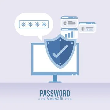 Password manager theme with check symbol in shield and desktop computer Stock-Illustration