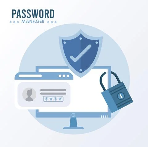 Password manager theme with check symbol in shield and desktop Stock Illustration