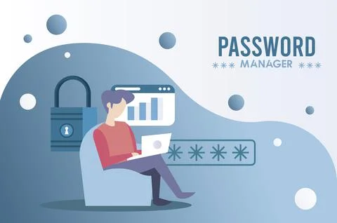Password manager theme with man using laptop and padlock Stockillustratie