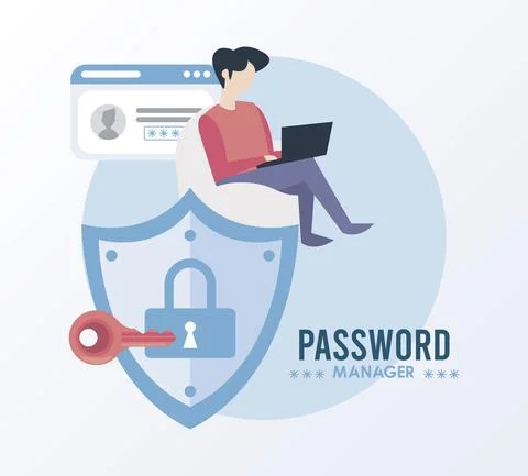 Password manager theme with man using laptop and padlock in shield Illustrazione stock