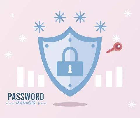 Password manager theme with padlock in shield and cypher Illustrazione stock