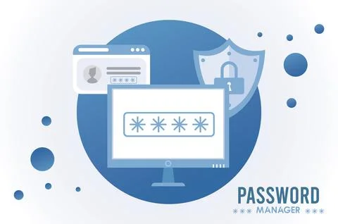 Password manager theme with padlock in shield and template in desktop Illustrazione stock