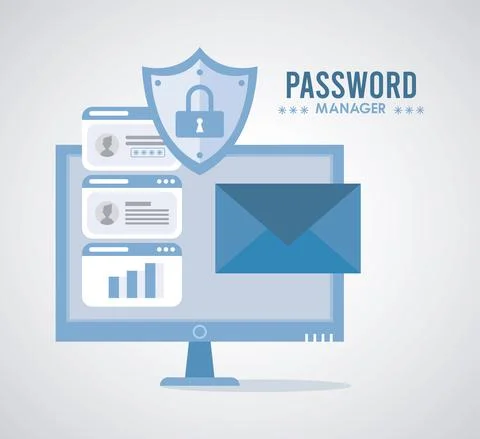 Password manager theme with padlock in shield and desktop Stock Illustration