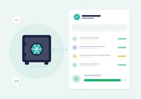 Password manager vault vector illustration with digital safe, credential list, Stock Illustration