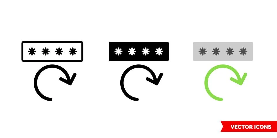 Password reset icon of 3 types color, black and white, outline. Isolated vect Stock Illustration