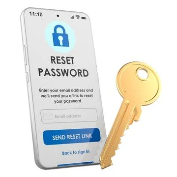 Password reset screen on smartphone with golden key. Account access restora.. Stock Illustration